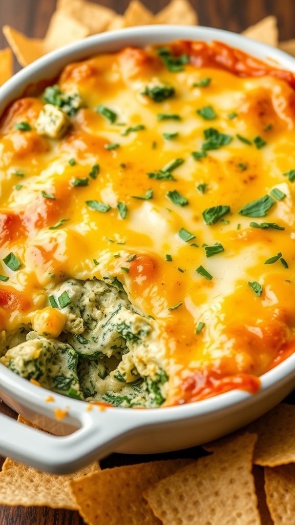 A warm spinach jalapeño artichoke dip in a baking dish, surrounded by tortilla chips, garnished with herbs.
